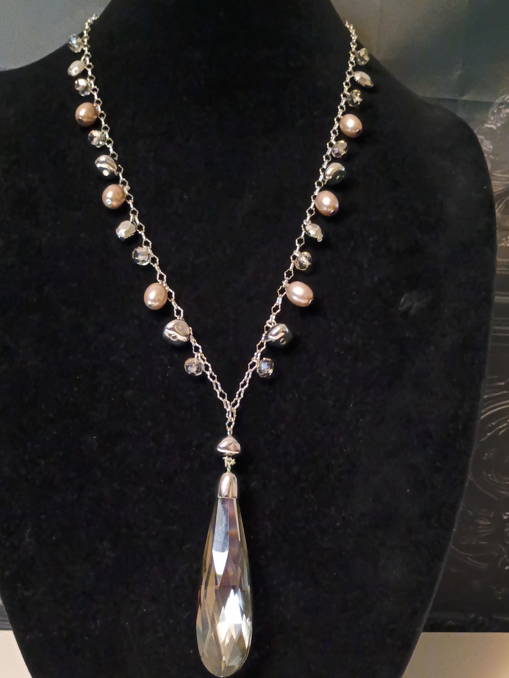 Chico's Champagne Pearl and Clear Teardrop Pendant Necklace